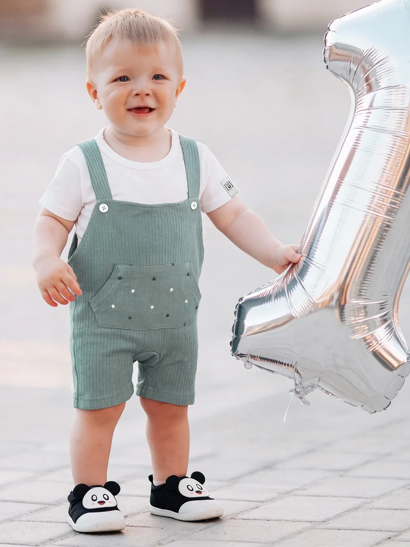 Babies Basic Babies Basic Ribbed Cotton Dungaree with Short Sleeves T-shirt