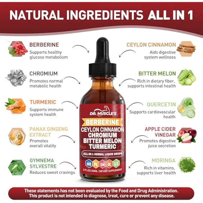 Berberine with Ceylon Cinnamon - Berberine Supplement Liquid Drops with Turmeric, Moringa, Bitter Melon, Chromium, Gymnema - Daily Dietary Supplement for Adults, 2 FL OZ - Vegetarian - Image 3