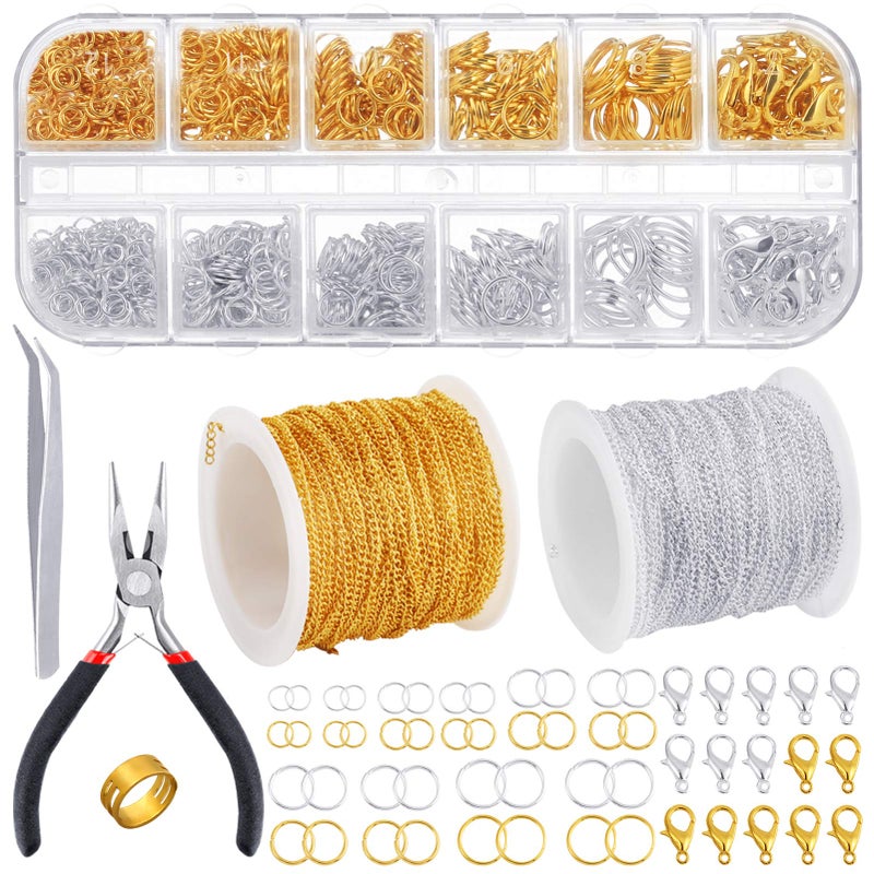 PP OPOUNT 65 Feet Jewelry Chains Necklace Chains 2 mm Jewelry Making Chains with 960 Pieces Jump Rings 40 Pieces Lobster Clasps Jewelry Making Tools (Gold, Silver Total in 65 Feet) - Image 1