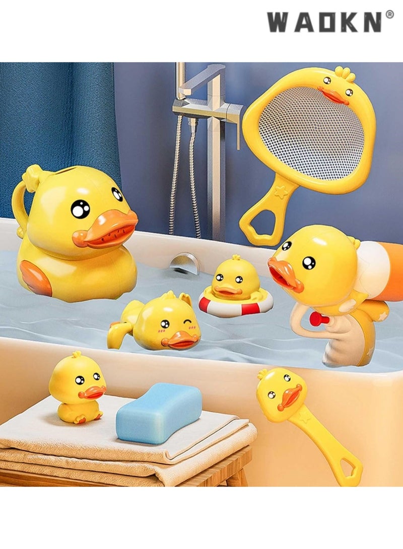 WAOKN Toddler Bathtub Toys & Swimming Pool Toys, Baby Bath Fun Set - Safe Little Yellow Duck Toy Including Water Gun, Shower and Float Wind-up Toy, Bathroom Pool Toy Suitable for Preschool Children (8pcs) - Image 1