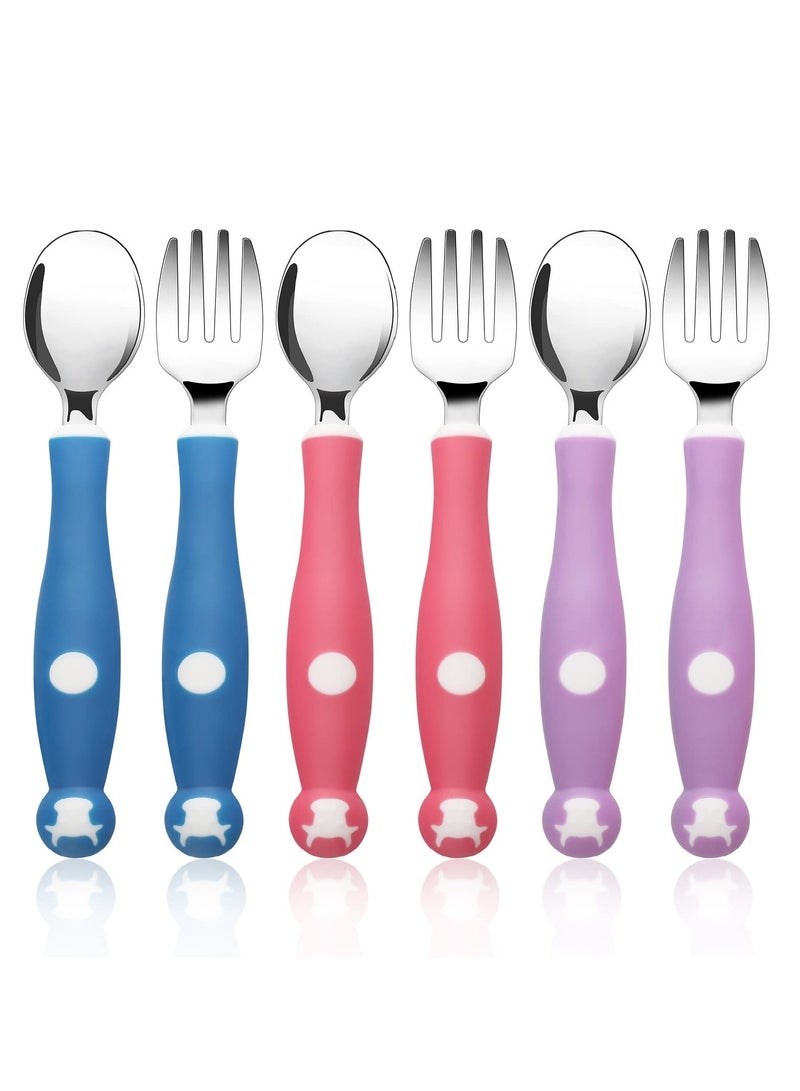 SYOSI 6 Pieces Toddler Silverware Set with Silicone Handle Kids Utensils Forks and Spoons, 316 Stainless Steel & Food Grade Silicone, Bendable Baby Cutlery Childrens Safe Flatware Sets - Image 1