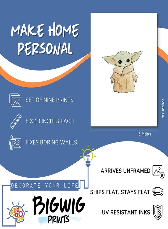 BigWig Prints Star Wars Space Nursery Decor, Galactic Wall Art Watercolor Prints, Set of 9 Sci-Fi Kids Room Posters, Star Wars Nursery Bedroom Decorations Unframed (8x10") - Image 2