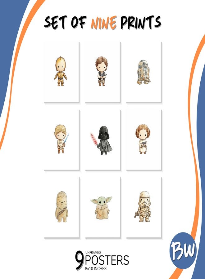 BigWig Prints Star Wars Space Nursery Decor, Galactic Wall Art Watercolor Prints, Set of 9 Sci-Fi Kids Room Posters, Star Wars Nursery Bedroom Decorations Unframed (8x10") - Image 4