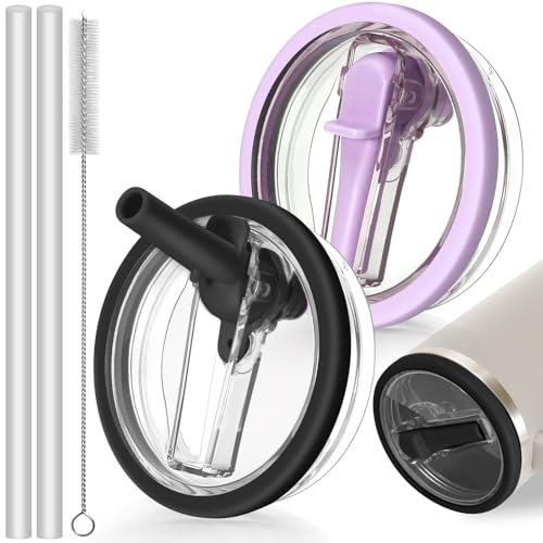 ANTAND 2 Pack Leak Proof Lid for 30oz Stanley H2.0 Quencher,No Spill Flip Straw Lid Replacement for Stanley Cup Accessories 30 oz Tumbler Lid Replacement Straw Cover Cap for Stanley Lids(Black,Purple) - Image 1
