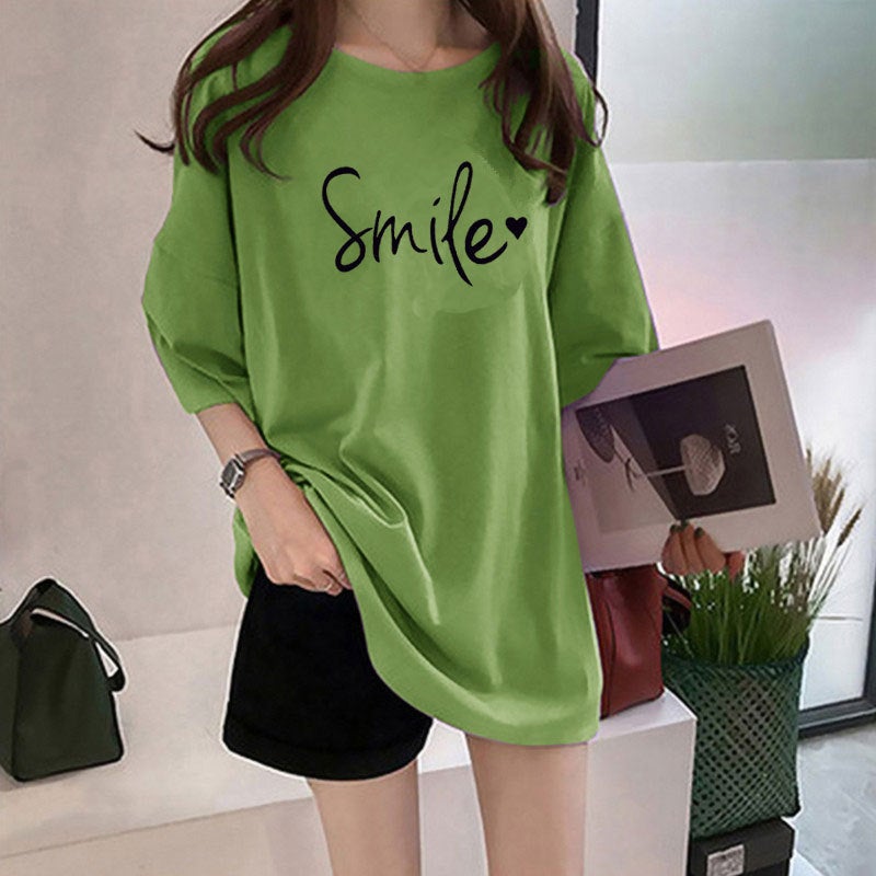 2025 [180G Double-Ground Milk Silk] Trendy Short-Sleeved Student Lazy Printed Mid-Length T-Shirt For Women - Image 5
