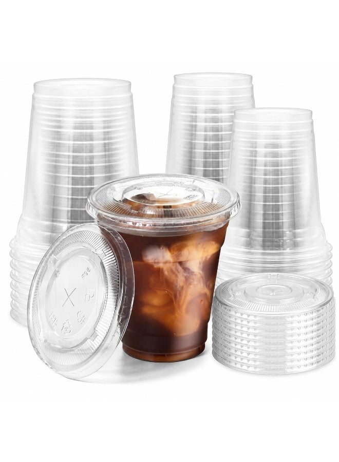 Disposable Clear Cup 100 Pack 12 oz Plastic Iced Coffee Cups with Flat Lids, Disposable Clear Cup, BPA Free Cup for Party, Smoothie, Cold Drinks, Juice, Milkshake, Tea - Image 1