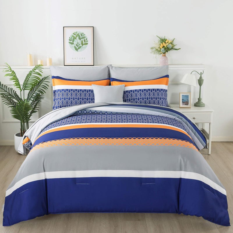 Anibedding 8 Pieces Bed in a Bag Stripe Comforter Set King Size,Blue Patchwork Striped Comforter with Sheets Set Soft Microfiber Boho Bedding Sets (Blue,Grey) - Image 3