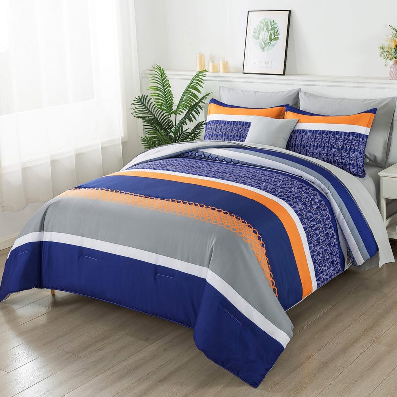 Anibedding 8 Pieces Bed in a Bag Stripe Comforter Set King Size,Blue Patchwork Striped Comforter with Sheets Set Soft Microfiber Boho Bedding Sets (Blue,Grey) - Image 2
