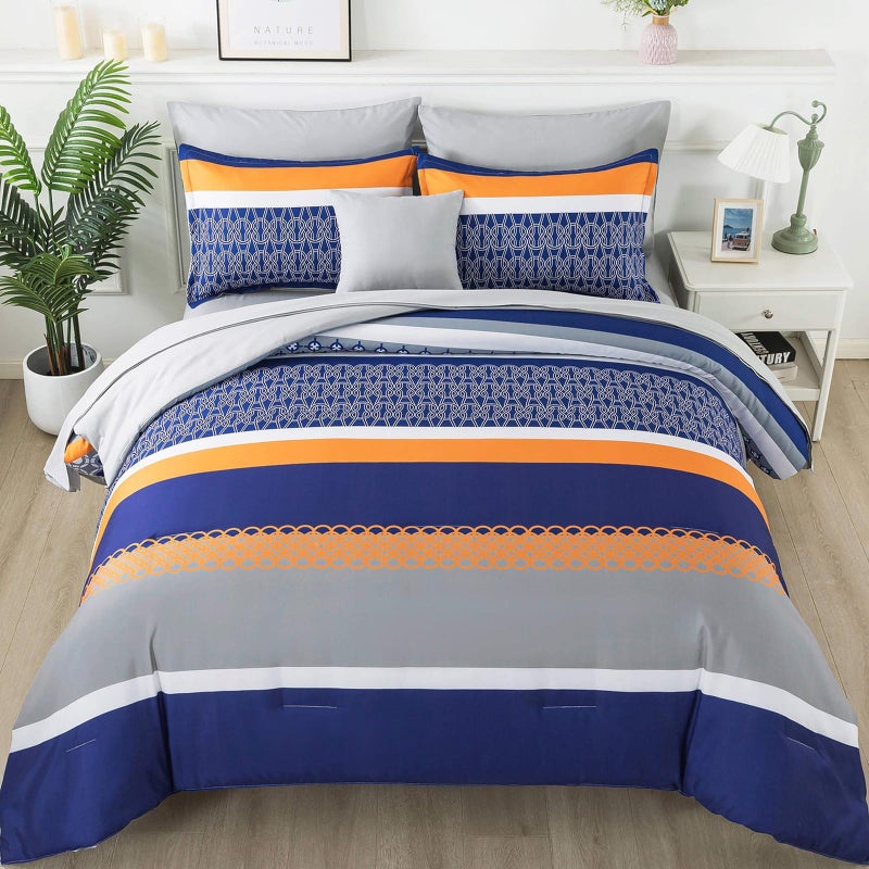 Anibedding 8 Pieces Bed in a Bag Stripe Comforter Set King Size,Blue Patchwork Striped Comforter with Sheets Set Soft Microfiber Boho Bedding Sets (Blue,Grey) - Image 1