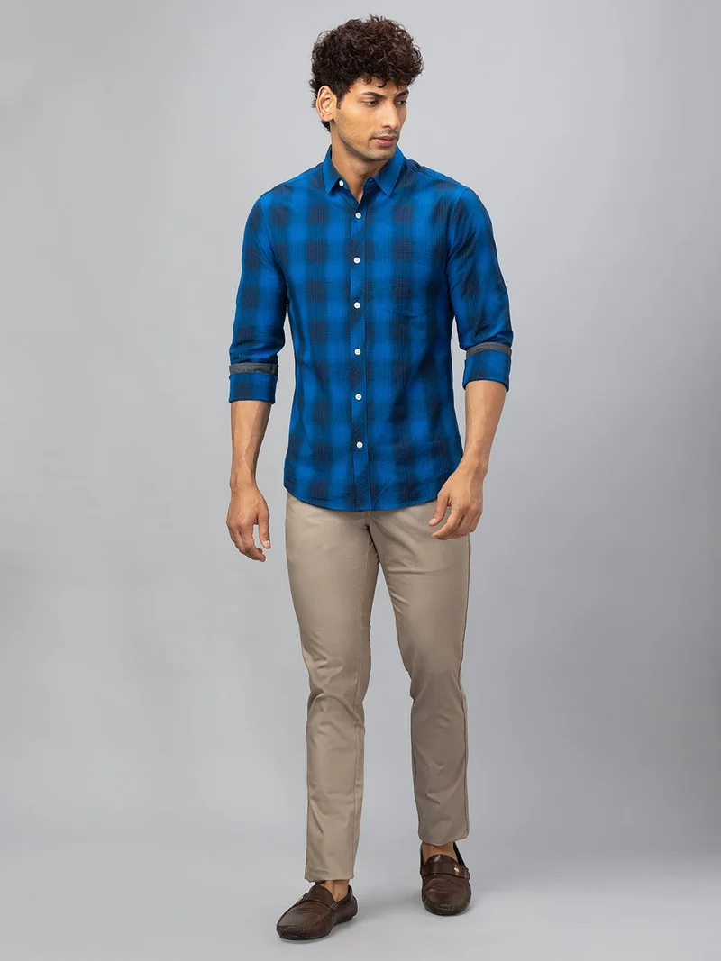 جلو باص قميص رجالي قطني كاجوال بقصة عادية كاروهات أزرق ملكي