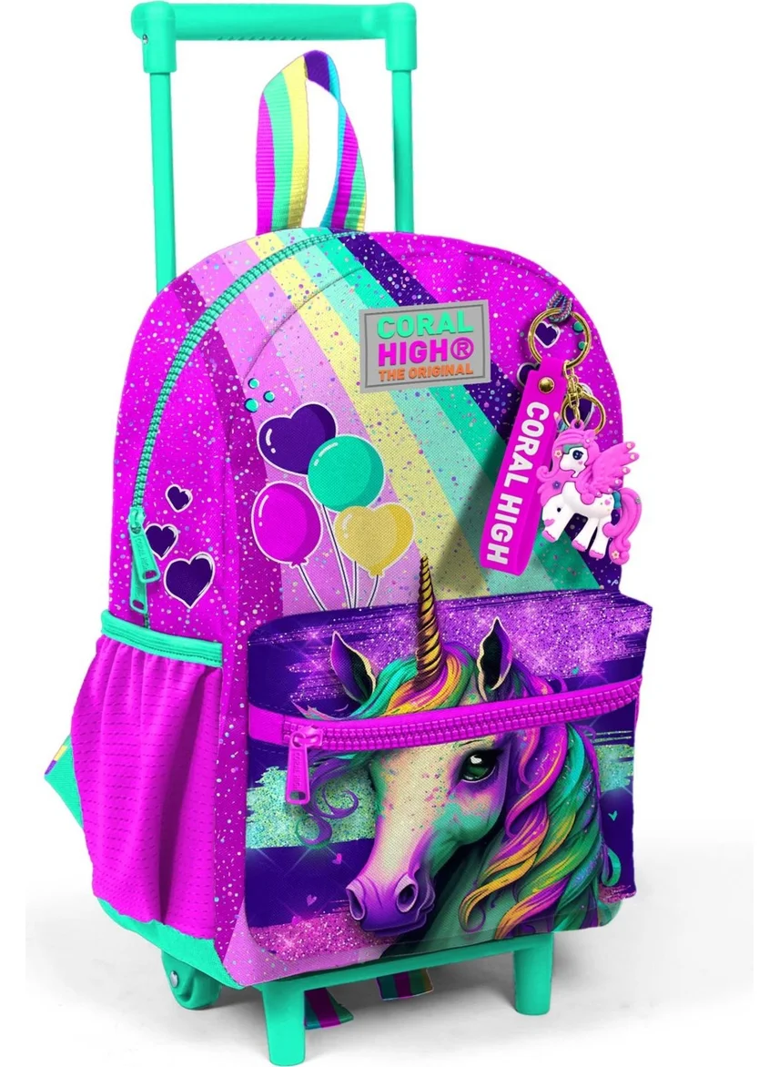 CORAL HIGH Minik Yuva Squeegee Backpack Pink Water Green Unicorn Patterned Two Compartments 24058