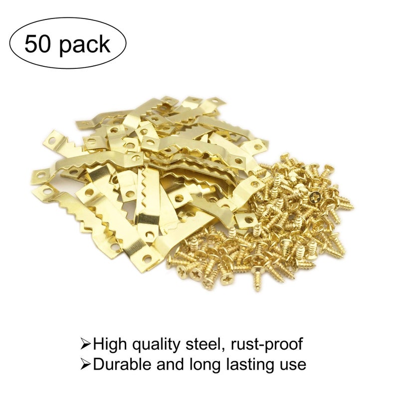EesTeck 50 Pack Small Gold Sawtooth Picture Hangers with Screws, Steel Picture Hangers, Picture Frame Hooks, for Hanging Photos, Artwork, Paintings - Image 2