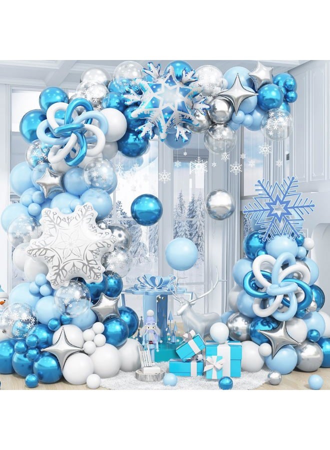 Froova Winter Wonderland Balloon Arch Snowflake Balloon Garland Kit Blue White Silver Balloons Star Snowflake Foil Balloons for Xmas Winter Baby Shower Snow Princess Holiday Birthday Party Decoration - Image 1
