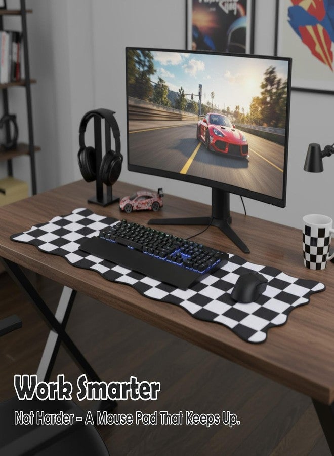 Copkim 1 Pcs Black Scalloped Checkered Desk Mat 31.5 x 11.8 Inch Large Cute Mouse Pad Computer Mat Non Slip Waterproof Rubber Base with Border Stitching Soft Keyboard Pad for Home Office Gaming Makeup - Image 2