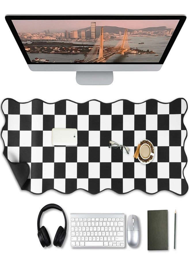 Copkim 1 Pcs Black Scalloped Checkered Desk Mat 31.5 x 11.8 Inch Large Cute Mouse Pad Computer Mat Non Slip Waterproof Rubber Base with Border Stitching Soft Keyboard Pad for Home Office Gaming Makeup - Image 1