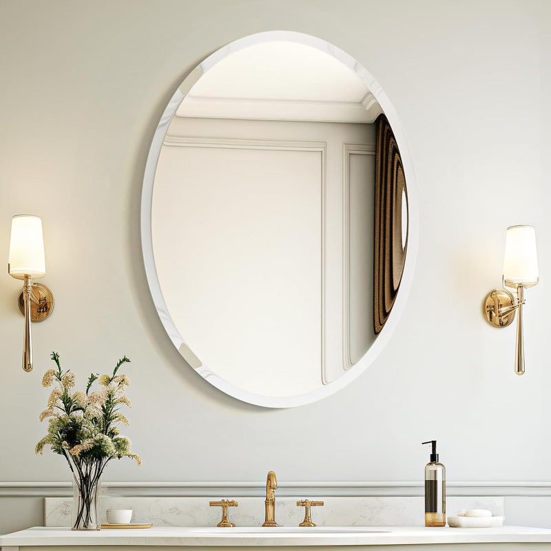 USHOWER Bathroom Mirror for Over Sink 20x28 Inch Oval Frameless Mirror Beveled and Polished Decorative Wall Mirror for Bathroom Bedroom Vanity Entryway Modern and Elegant