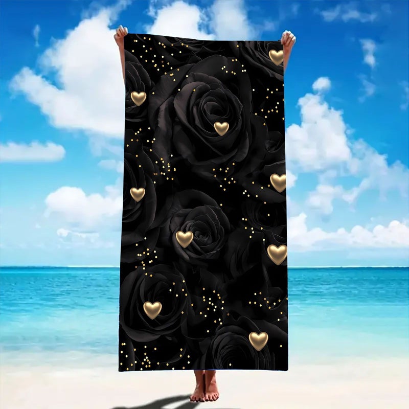 منشفة شاطئ كبيرة الحجم 27.56 × 70.87 بوصة من مايكروبير، سريعة الجفاف، عالية الامتصاص، بتصميم أنيق مع طبعة قلوب باللون الذهبي الوردي - Image 1