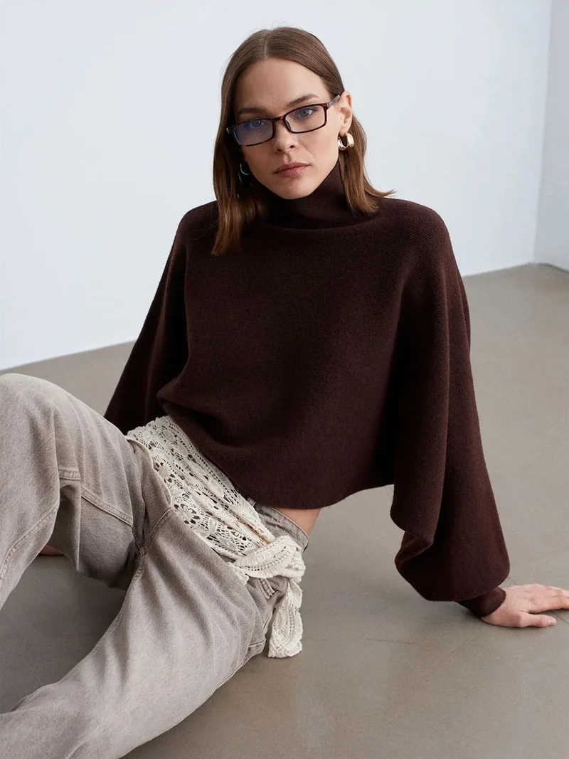 ديلفين Dilvin Women's Oversized Cropped Turtleneck Sweater