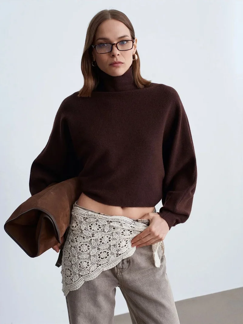 ديلفين Dilvin Women's Oversized Cropped Turtleneck Sweater