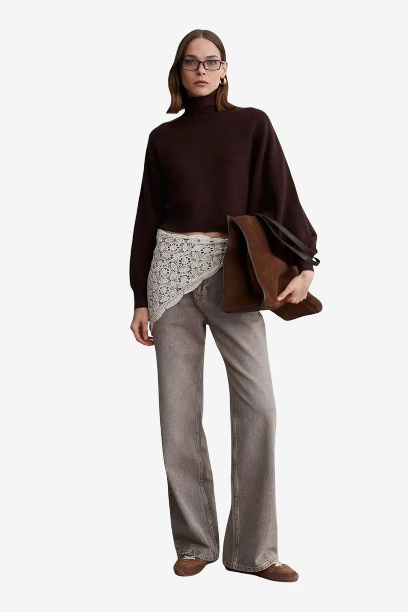 Dilvin Coffee Brown DILVIN Women's Oversized Cropped Turtleneck Sweater for Women | Best Price UAE