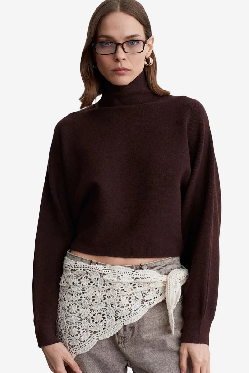 Dilvin Coffee Brown DILVIN Women's Oversized Cropped Turtleneck Sweater for Women | Best Price UAE