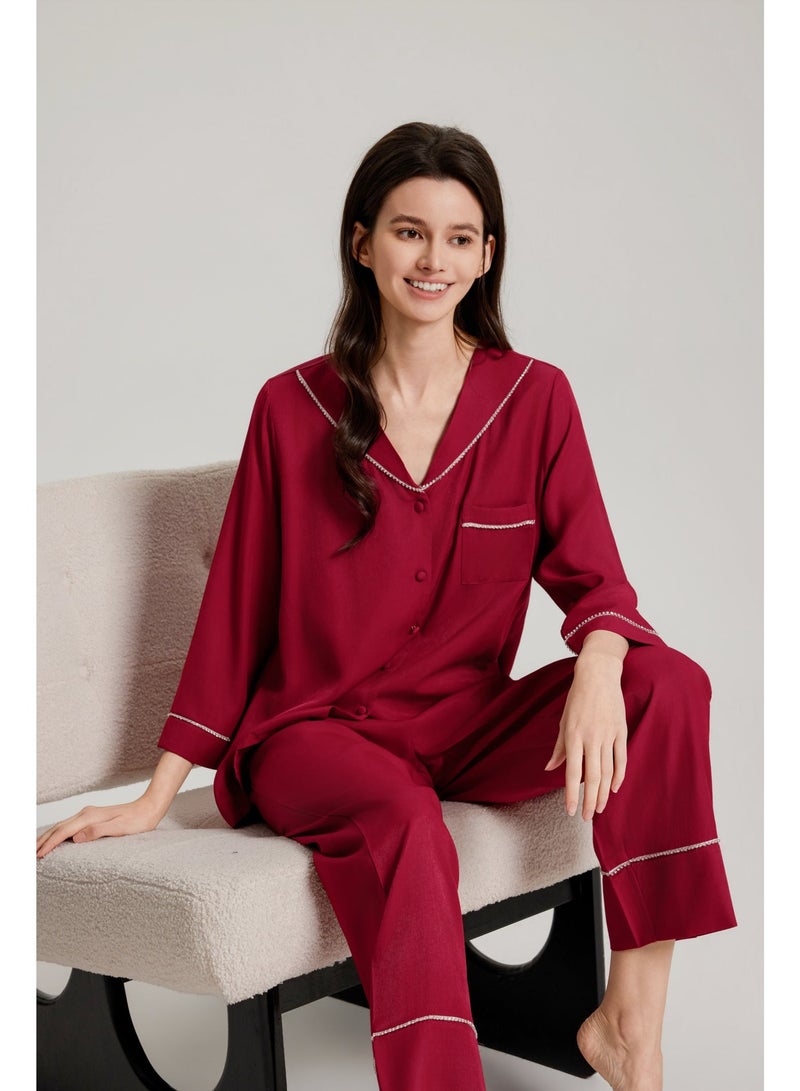 MASHUCK Premium Pajama Set - Luxury Button-Down Sleepwear with Collar Detail - Classic 2-Piece Lounge Suit for Women - Image 1