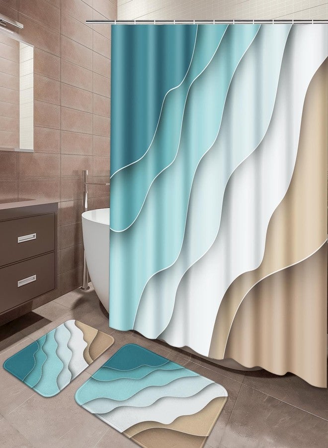 ArtSocket 3 Pcs Shower Curtain Set with Rugs, Abstract Summer Beach Bathroom Set with Non-Slip Rug Bath Mat and 12 Hooks 72x72 inches - Image 1