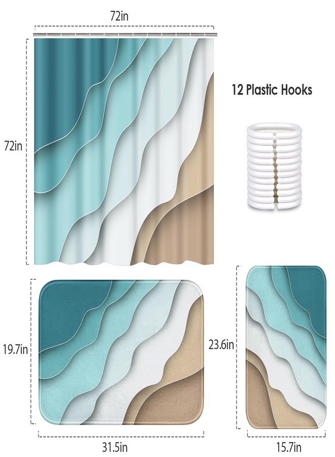 ArtSocket 3 Pcs Shower Curtain Set with Rugs, Abstract Summer Beach Bathroom Set with Non-Slip Rug Bath Mat and 12 Hooks 72x72 inches - Image 2