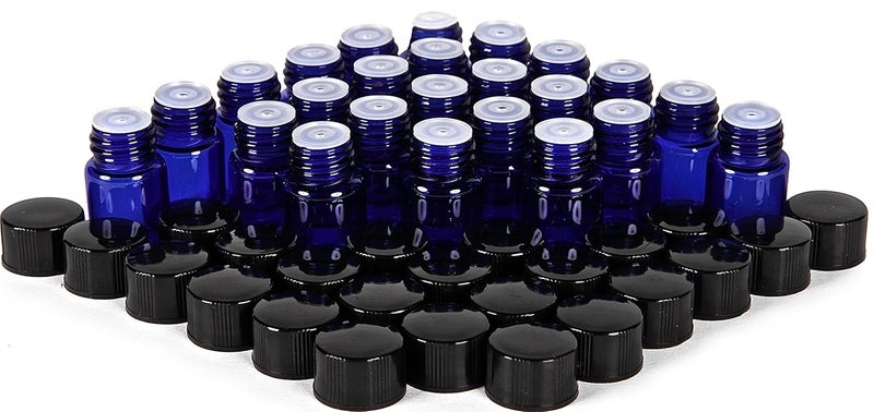 Vivaplex 24 زجاجات كوبالت زرقاء سعة 2 مل 58 درام مع مخفضات فتحة وأغطية سوداء - Image 1