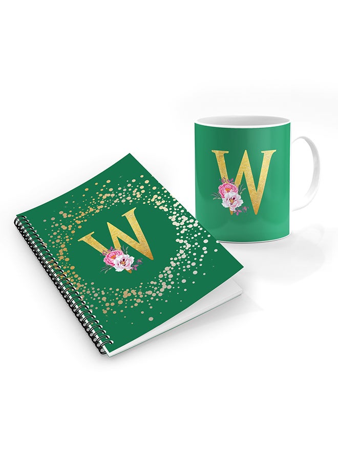 Stylizedd Printed Coffee Mug + A5 Spiral Notebook Memo Personalised Combo Gift Set Custom Monogram Initial Letter Floral Pattern Alphabet -  W (Spring Green)