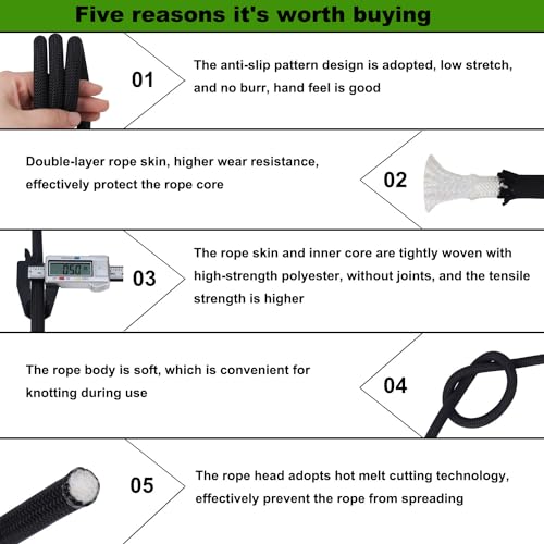 CRAYZA Double Braided Polyester Rope (1/2 in x 50 ft) Strong Arborist Rigging Rope 48 Strands for Tree Work Climbing Camping Sailing, Black - Image 3