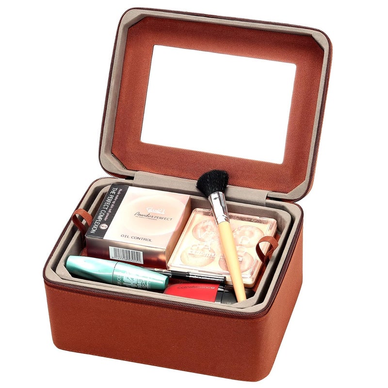 FADAK Polyester Makeup Cosmetic Box for Wedding Makeup Box Jewelry Bridal Trousseau Box Vanity Beauty Case Large Vanity Box Vanity Bag with Dividers for Brushes Travel Cosmetic Organizer Bag Brown - Image 5