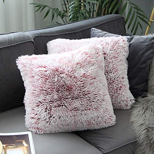 Uhomy 2 Packs Fluffy Accent Pillows Cover 20"x20", Soft Burgundy Ombre Faux Fur Throw Pillow Case, Modern Luxury Decorative Square Cushion Cover for Farmhouse Home Decor for Sofa/Bed/Chair, 50x50cm - Image 1