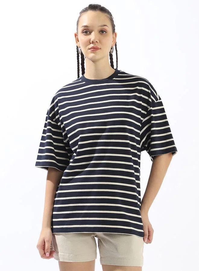 Women's Multicolour 100% Cotton Striped Oversized T-Shirt
