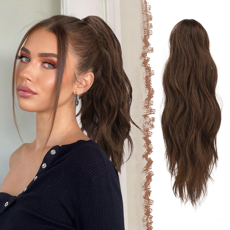 FESHFEN Ponytail Extensions Long Claw Clip in Ponytail Hairpiece Synthetic Pony Tails Hair Piece Natural Wavy Hairpieces for Women 20 inch Brown Light Auburn Mixed - Image 2