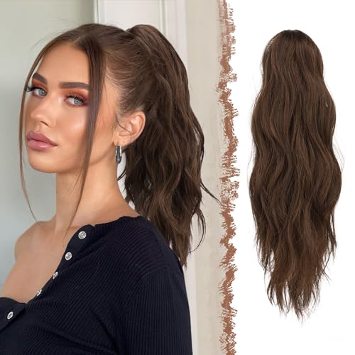 FESHFEN Ponytail Extensions Long Claw Clip in Ponytail Hairpiece Synthetic Pony Tails Hair Piece Natural Wavy Hairpieces for Women 20 inch Brown Light Auburn Mixed - Image 1