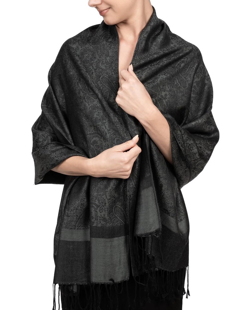 Achillea Women's Two Tone Vintage Jacquard Paisley Pashmina Shawl Wrap Scarf (Charcoal Gray) - Image 1