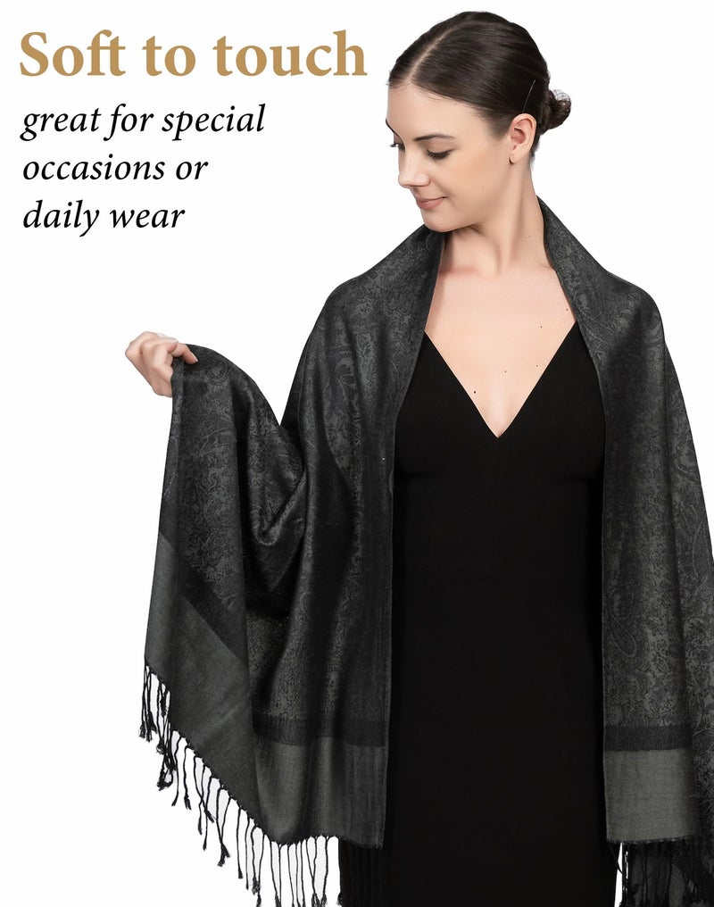 Achillea Women's Two Tone Vintage Jacquard Paisley Pashmina Shawl Wrap Scarf (Charcoal Gray) - Image 2