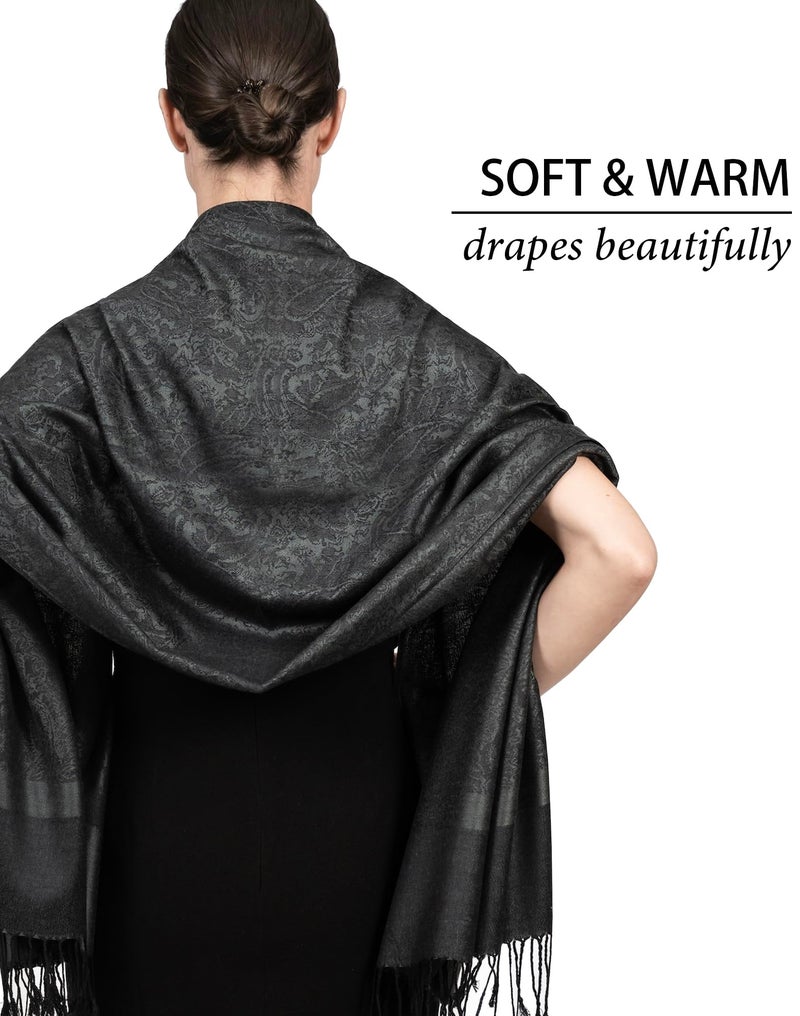 Achillea Women's Two Tone Vintage Jacquard Paisley Pashmina Shawl Wrap Scarf (Charcoal Gray) - Image 5