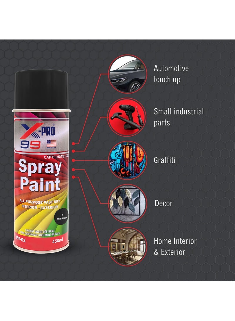 Xpro X-PRO 99 Spray Paint Matt Black 450ml All-Purpose Quick-Drying Paint for Interior & Exterior Use Ideal for Automotive, Wood, Metal, Canvas & More X99-02 - Image 2