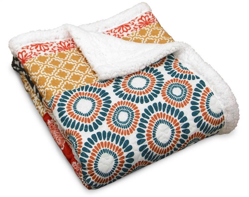 Lush Decor Lush Decor Bohemian Stripe Sherpa Throw Blanket 50 W x 60 L Turquoise  Orange  Bold Colorful Boho Stripe Design  Quilted Print  Soft Sherpa Blanket For Bed Couch Or Chair 