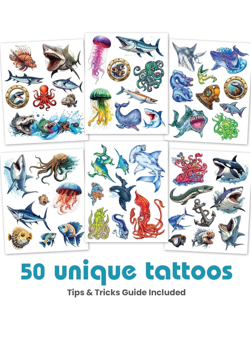 SAVVi - Savvi - 50 Sea Creature Temporary Tattoos: Skin-Safe Ink, Great for Birthday Parties, Gifts for Boys and Girls Ages 4-12+, Made in the USA [6 sheets, 50 count] - Image 1
