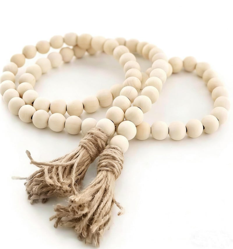 Hor 58inch Natural Wood, Jute Farmhouse Bead Garland - 84 Wood Beads with Tassel for Wall Hanging, Vase, Door Decor