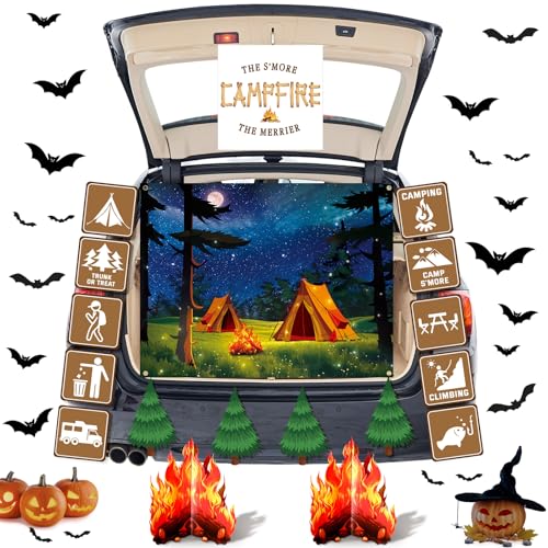 Frienda 18 Pcs Halloween Camping Trunk or Treat Car Decorations Kit for Suv Halloween Car Decorations Camping Backdrop Campfire Centerpiece Photo Backdrop Trunk or Treat Decor for Home Garage Entryway - Image 1