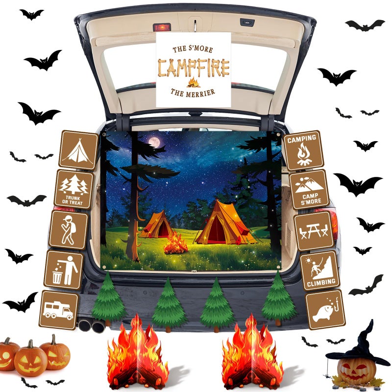 Frienda 18 Pcs Halloween Camping Trunk or Treat Car Decorations Kit for Suv Halloween Car Decorations Camping Backdrop Campfire Centerpiece Photo Backdrop Trunk or Treat Decor for Home Garage Entryway - Image 2