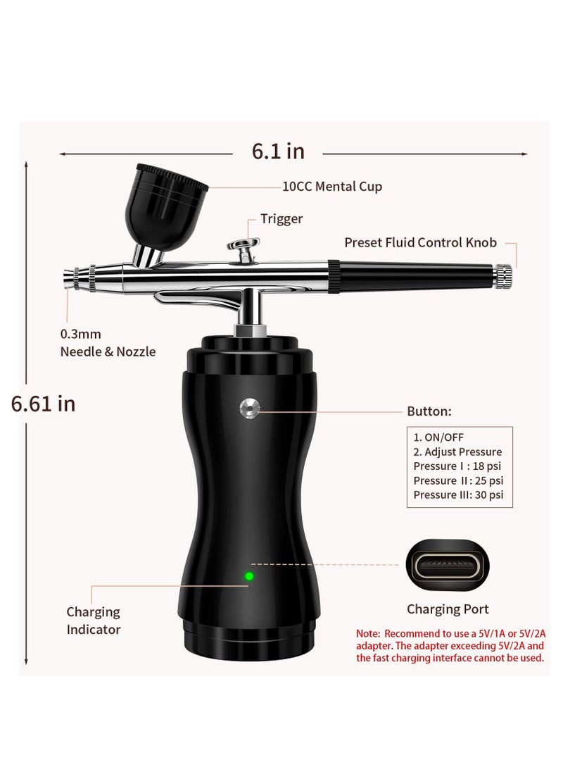 Arabest - مجموعة فرشاة الهواء مع ضاغط 30PSI مسدس فرشاة الهواء قابل لإعادة الشحن محمول باليد لاسلكي لطلاء الأظافر وتزيين الكعك والمكياج باللون الأسود - Image 1