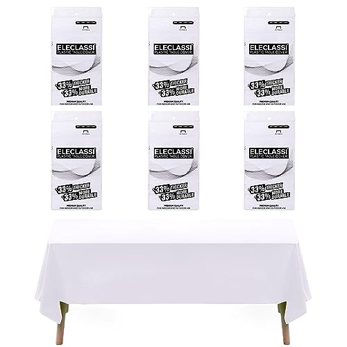 Eleclassi White 6 Pack Premium Disposable Plastic Tablecloth 54 x 108 in - Plastic Table Cloth Disposable Tablecloth for Rectangle Table Up to 8 Feet - Image 1