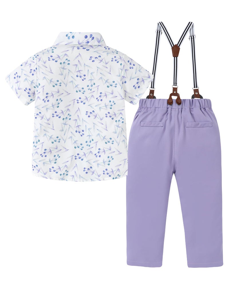 DISAUR Boys Wedding Outfit Spring Lavender Short Sleeve Shirt Lilac Purple Suspender Pants Valentines Easter Boy Formal Suit Set 5-6 Years - Image 2
