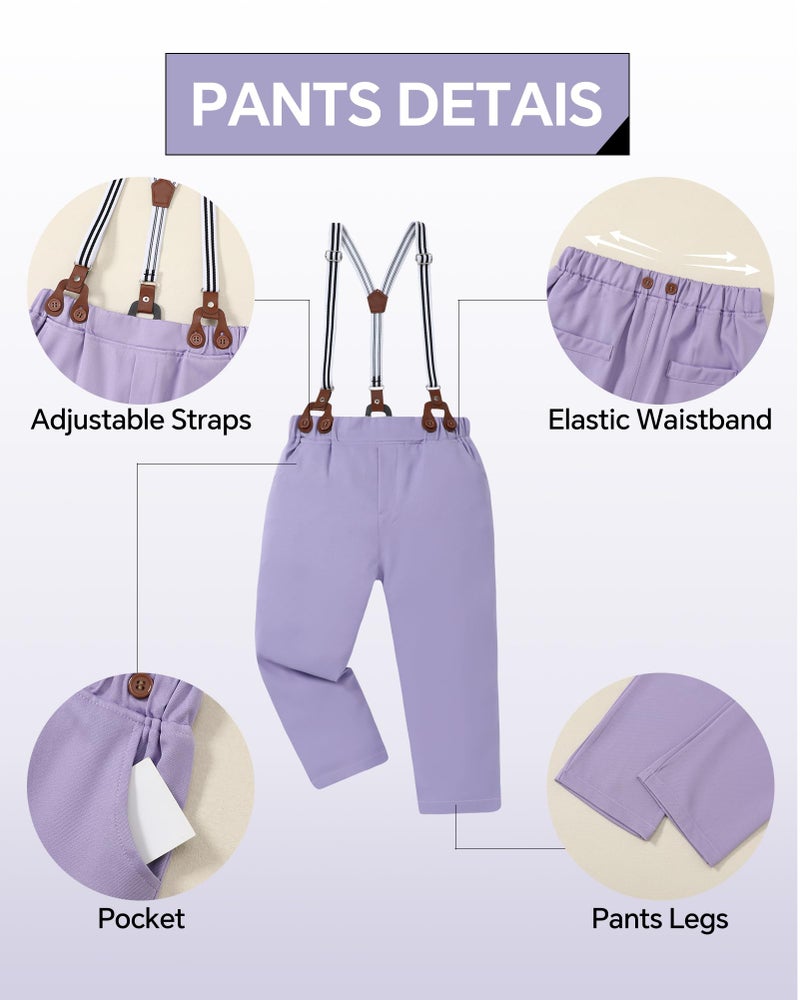 DISAUR Boys Wedding Outfit Spring Lavender Short Sleeve Shirt Lilac Purple Suspender Pants Valentines Easter Boy Formal Suit Set 5-6 Years - Image 4
