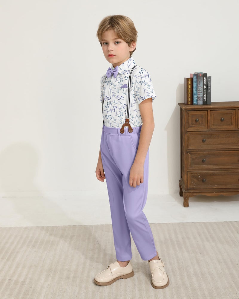DISAUR Boys Wedding Outfit Spring Lavender Short Sleeve Shirt Lilac Purple Suspender Pants Valentines Easter Boy Formal Suit Set 5-6 Years - Image 5